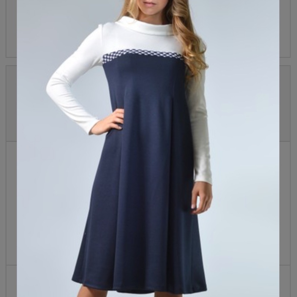 Navy & White Back-Pleat Shift Dress